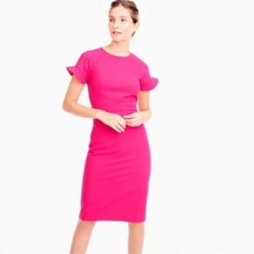 J CREW ITALIAN STRETCH WOOL RUFFLE SLEEVE SHEATH DRESS